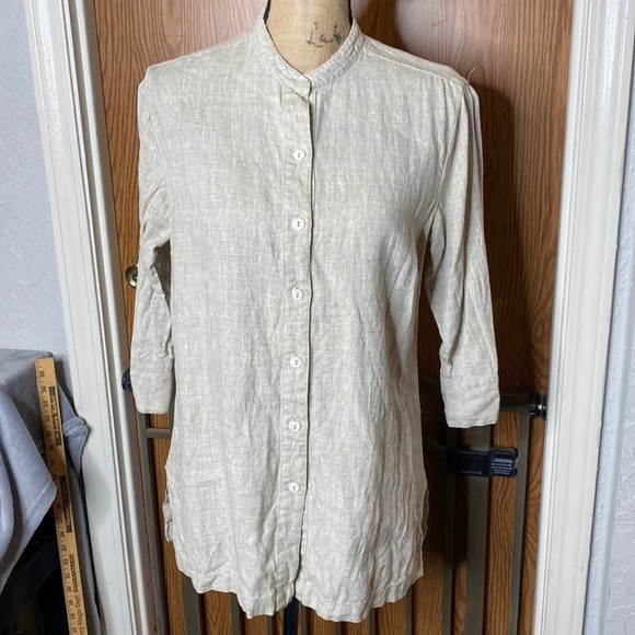 Chico’s 100% Linen 3/4 Sleeve Tan Tunic Top Size 1 (US 8) - Picture 1 of 8